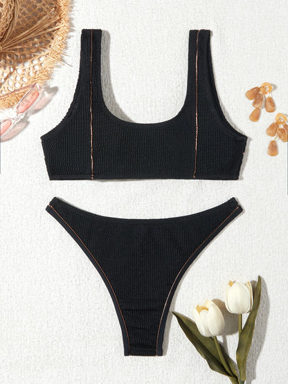 Beaira New Women Ribbed Bikini Sets Sporty Swimsuits Tank Tops Push Up Bra Scoop Neck Two Piece Bathing Suits High Cut Bikini Swimwear