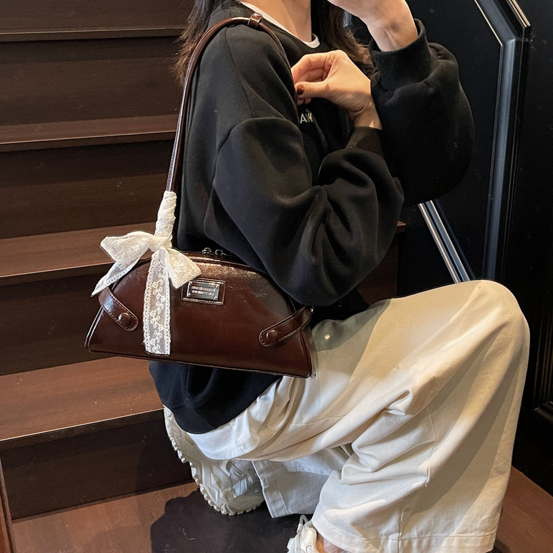 Beaira Women Simple Shoulder Bag PU Leather Bow Small Underarm Bag Solid Color Travel Underarm Handbag Girls Outdoor Daily Bag