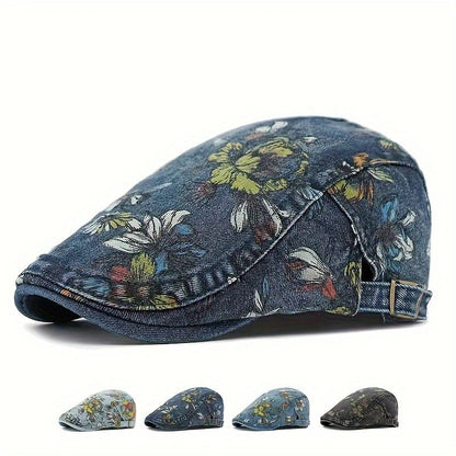 Beaira Ethnic Style Hat for Women Korean Style Fashion Washed Denim Beret British Retro Flower Peaked Cap Forward Hat for Men