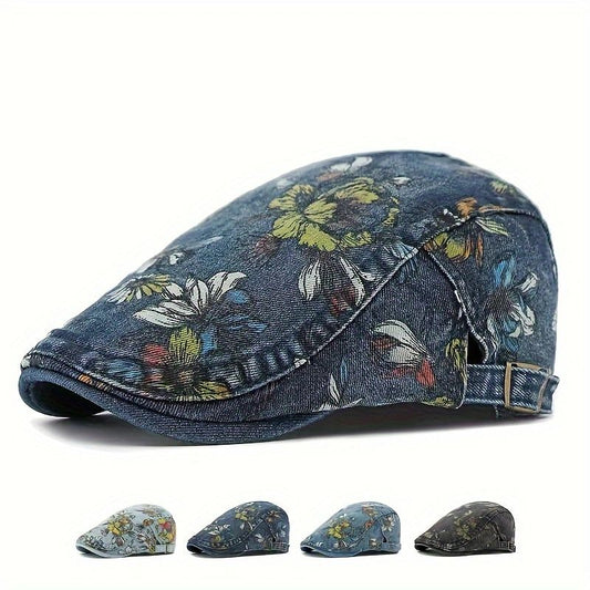 Beaira Ethnic Style Hat for Women Korean Style Fashion Washed Denim Beret British Retro Flower Peaked Cap Forward Hat for Men