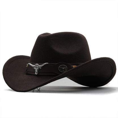 Beaira Western Cowboy Hat 4 Sizes Black Woolen Jazz Top Hat Men Ethnic Style Cow Head Ribbon Felt Cap Women Children Riding Fedora Hat