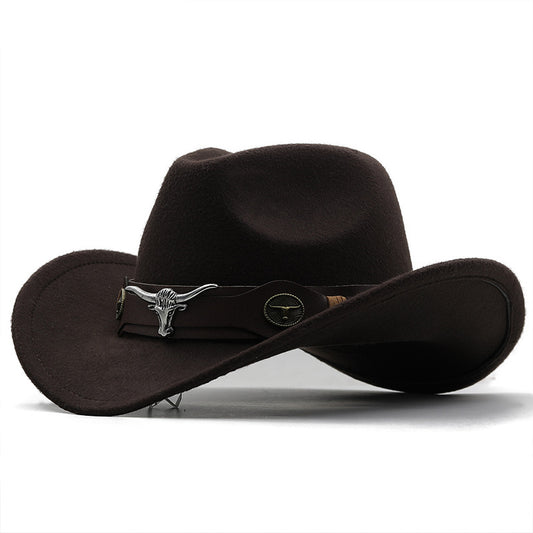 Beaira Western Cowboy Hat 4 Sizes Black Woolen Jazz Top Hat Men Ethnic Style Cow Head Ribbon Felt Cap Women Children Riding Fedora Hat