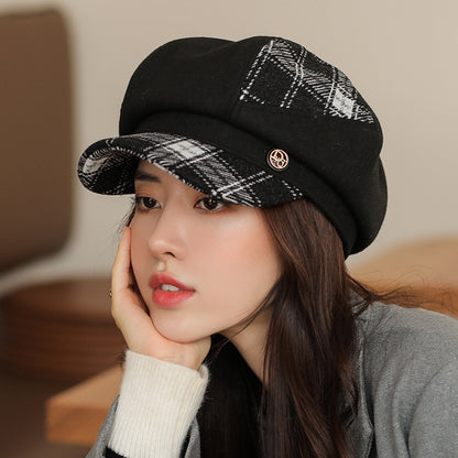 Beaira New Cap Visors for Women Woolen Plaid Vintage Spring Autumn Navy Caps Flat Top Classic Beret British Newsboy Octagonal Hat