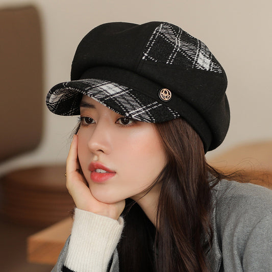 Beaira New Cap Visors for Women Woolen Plaid Vintage Spring Autumn Navy Caps Flat Top Classic Beret British Newsboy Octagonal Hat