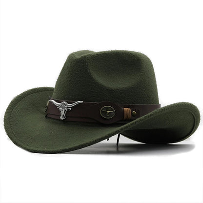 Beaira Western Cowboy Hat 4 Sizes Black Woolen Jazz Top Hat Men Ethnic Style Cow Head Ribbon Felt Cap Women Children Riding Fedora Hat