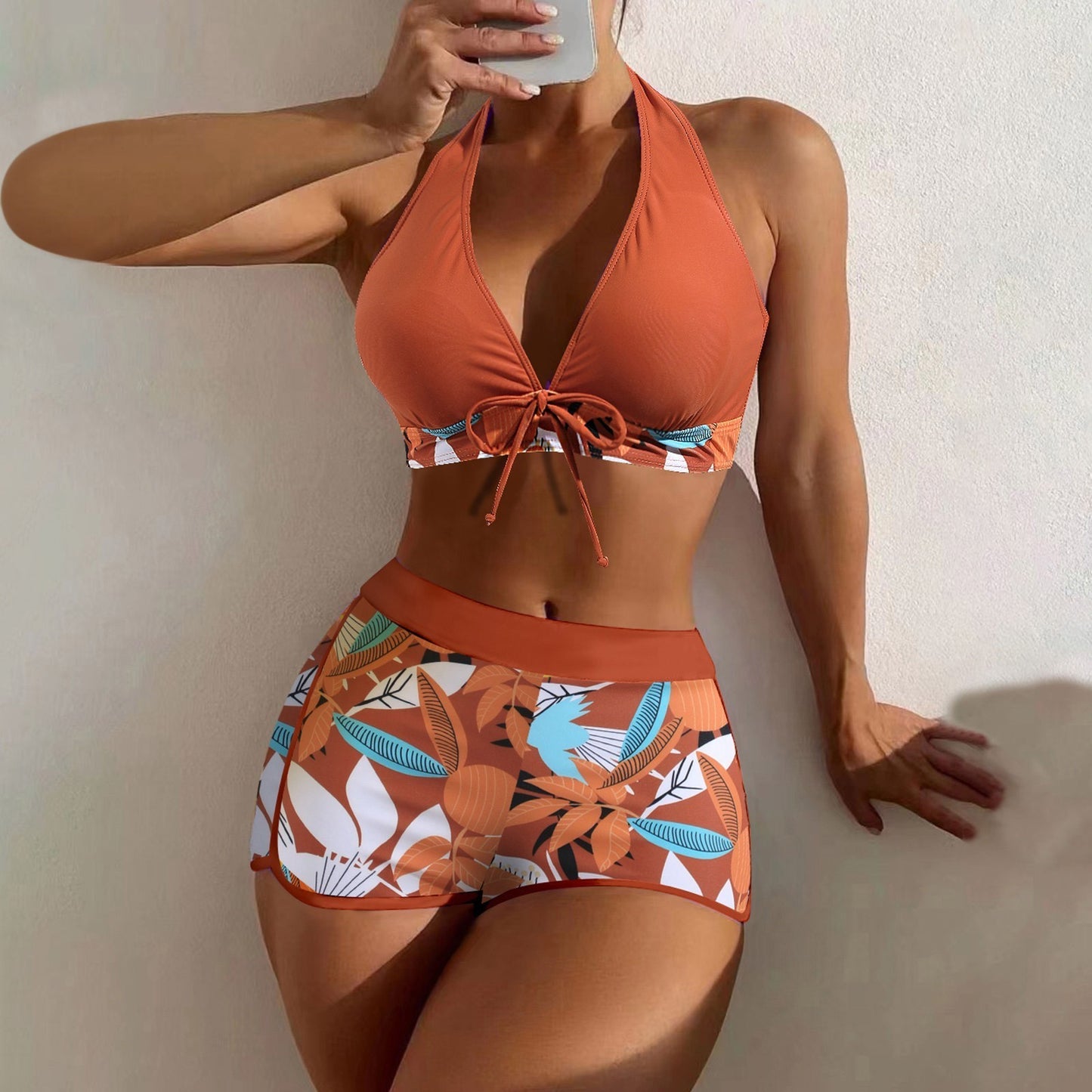 Beaira Shorts Bikinis Set High Waist Swimsuit Women Swimwear 2 Pieces Plant Print Bathers Bathing Swim Suit Beachwear
