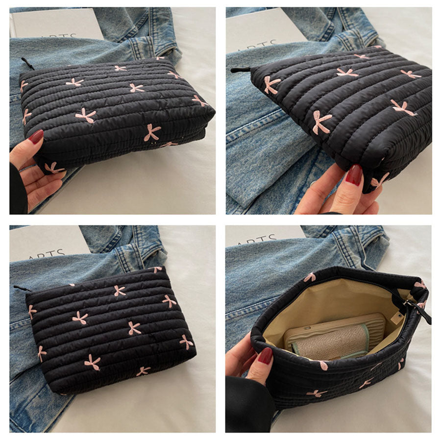 Beaira Cute Makeup Bag with Zipper Large Capacity Cosmetic Bag Embroidery Bow Wash Storage Bag