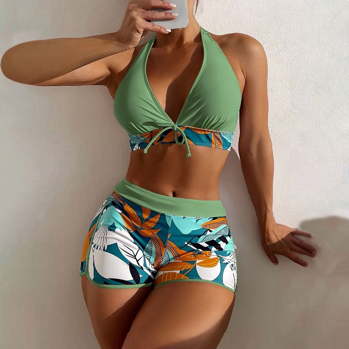 Beaira Shorts Bikinis Set High Waist Swimsuit Women Swimwear 2 Pieces Plant Print Bathers Bathing Swim Suit Beachwear