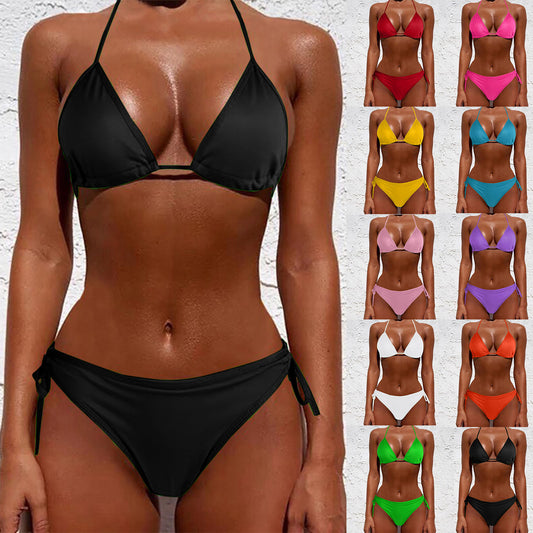 Beaira 2 Pcs/Set Bikini Set Sexy Bikinis New Solid Color Halter Neck Strap Thong Swimwear Bathing Suit Women Swimsuit Set for Beach