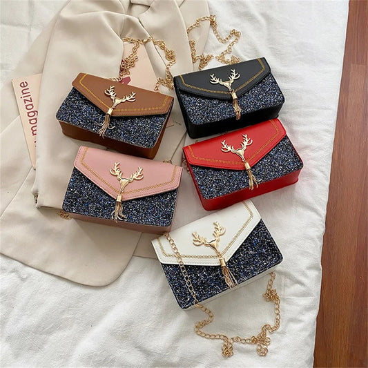 Beaira Fashion Women Shoulder Bag Deer Head Decoration Messenger Bags PU Leather Button Underarm Luxury Chain Lady Small Square Handbag