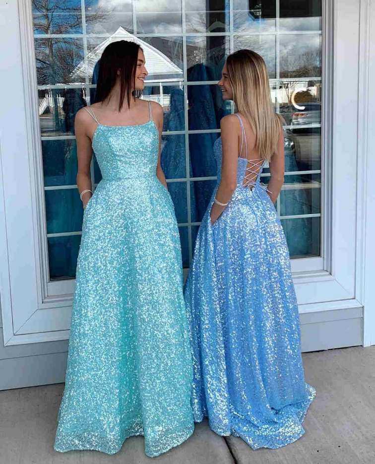 A-Line Spaghetti Straps Square Sleeveless Prom Dresses
