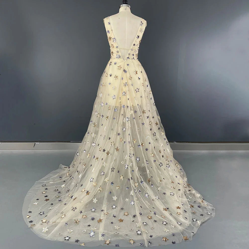 Sequin Star Tulle Prom Dresses V Neck Long Princess Ball Gown