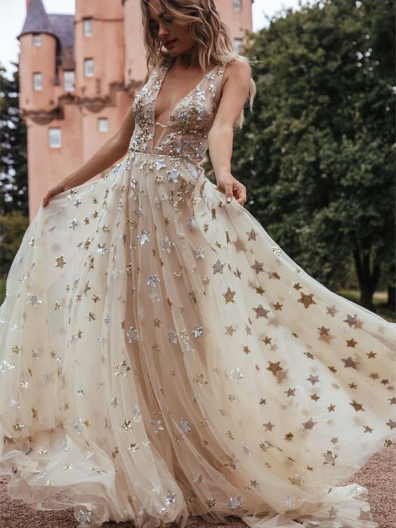 Sequin Star Tulle Prom Dresses V Neck Long Princess Ball Gown