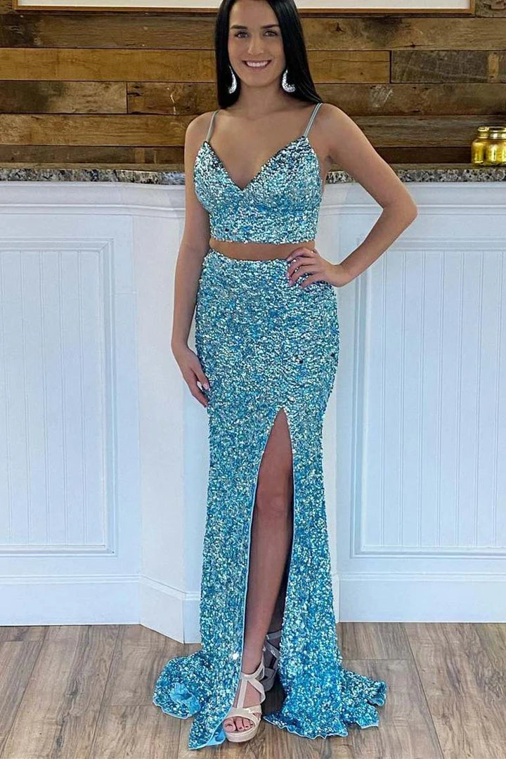 Sequin Two Pieces Prom Dress Fashion Sexy Custom Made Evening Dress