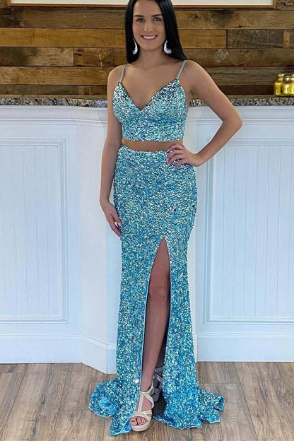Sequin Two Pieces Prom Dress Fashion Sexy Custom Made Evening Dress