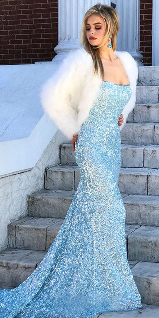 Sequins Mermaid Spaghetti Straps Prom Dresses Sweep Train
