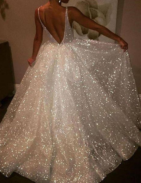 V-Neck Ivory Backless A-Line Sleeveless Elegant Plus Size Prom Dresses