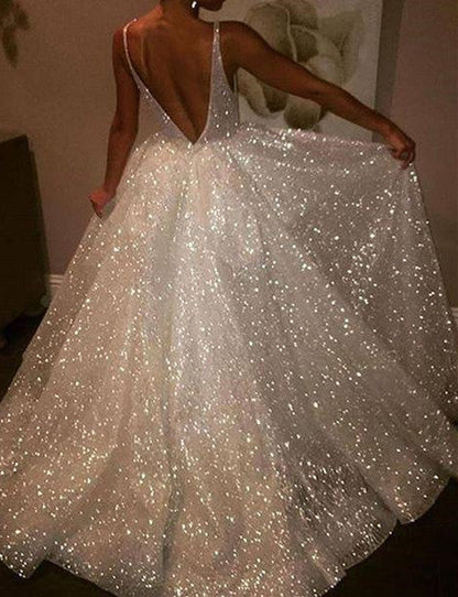 V-Neck Ivory Backless A-Line Sleeveless Elegant Plus Size Prom Dresses