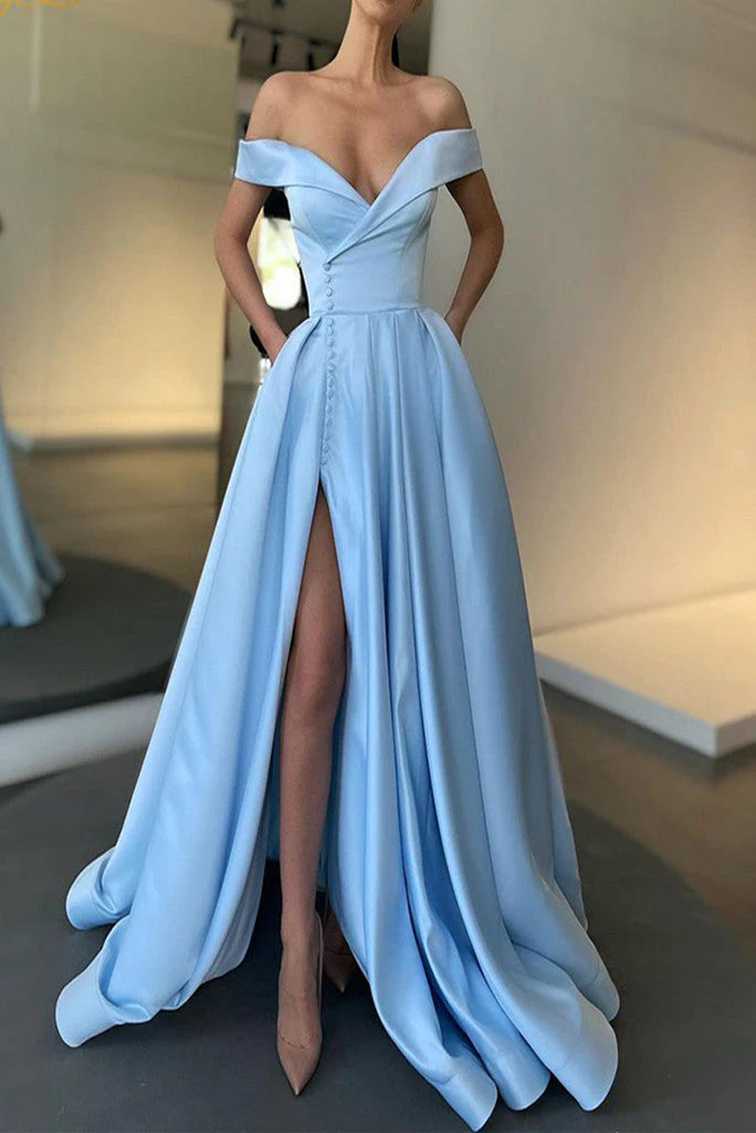 A-Line Long Off The Shoulder High Slit Satin Prom Dresses