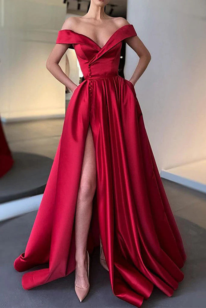 A-Line Long Off The Shoulder High Slit Satin Prom Dresses