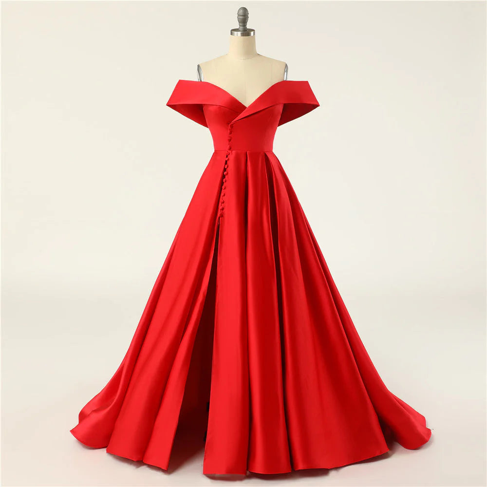 A-Line Long Off The Shoulder High Slit Satin Prom Dresses