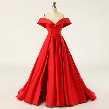 A-Line Long Off The Shoulder High Slit Satin Prom Dresses