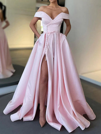 A-Line Long Off The Shoulder High Slit Satin Prom Dresses