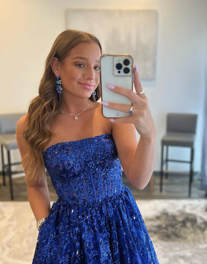 A-Line Strapless Pleating Long Prom Dress With Applique