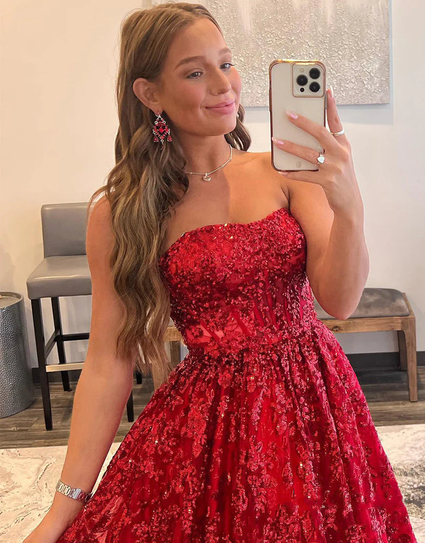 A-Line Strapless Pleating Long Prom Dress With Applique