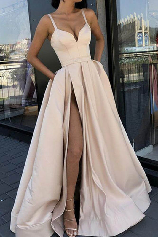 A line High Slit V Neck Spaghetti Straps Prom Dress Pockets Satin Formal Dress