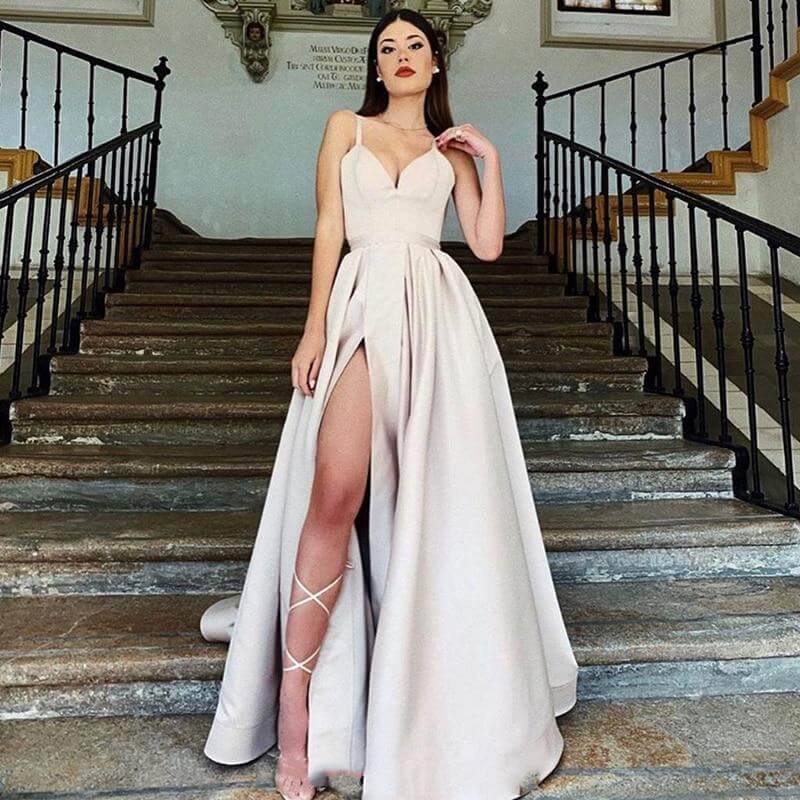 A line High Slit V Neck Spaghetti Straps Prom Dress Pockets Satin Formal Dress