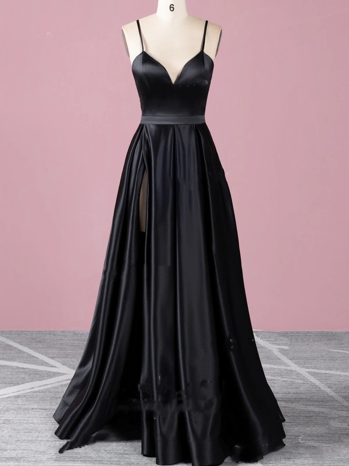 A line High Slit V Neck Spaghetti Straps Prom Dress Pockets Satin Formal Dress