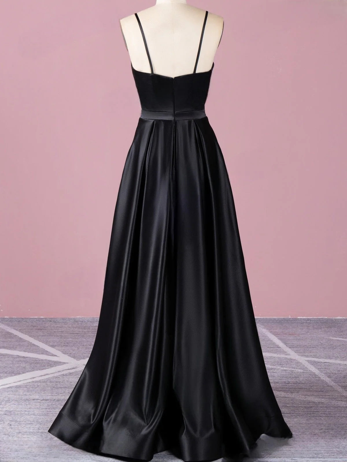 A line High Slit V Neck Spaghetti Straps Prom Dress Pockets Satin Formal Dress