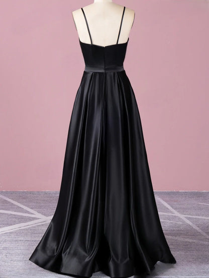 A line High Slit V Neck Spaghetti Straps Prom Dress Pockets Satin Formal Dress