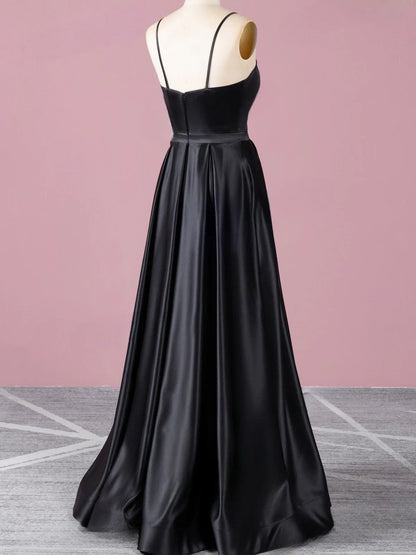 A line High Slit V Neck Spaghetti Straps Prom Dress Pockets Satin Formal Dress