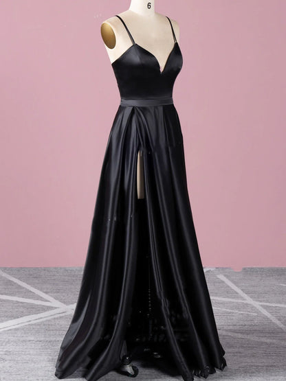 A line High Slit V Neck Spaghetti Straps Prom Dress Pockets Satin Formal Dress