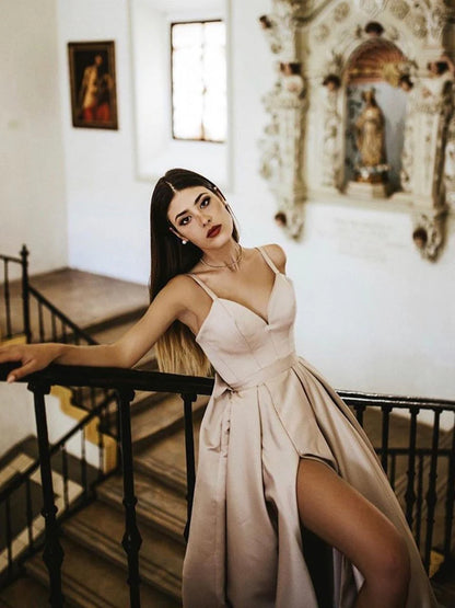 A line High Slit V Neck Spaghetti Straps Prom Dress Pockets Satin Formal Dress