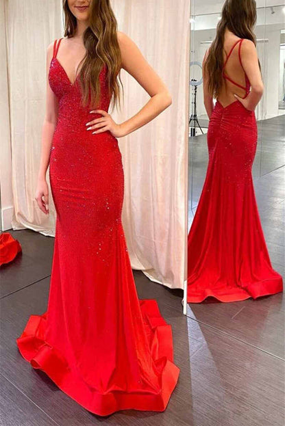 V-Nec Floor Length Elastic Satin Mermaid Prom Dresses Evening Dresses