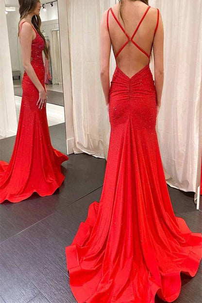 V-Nec Floor Length Elastic Satin Mermaid Prom Dresses Evening Dresses