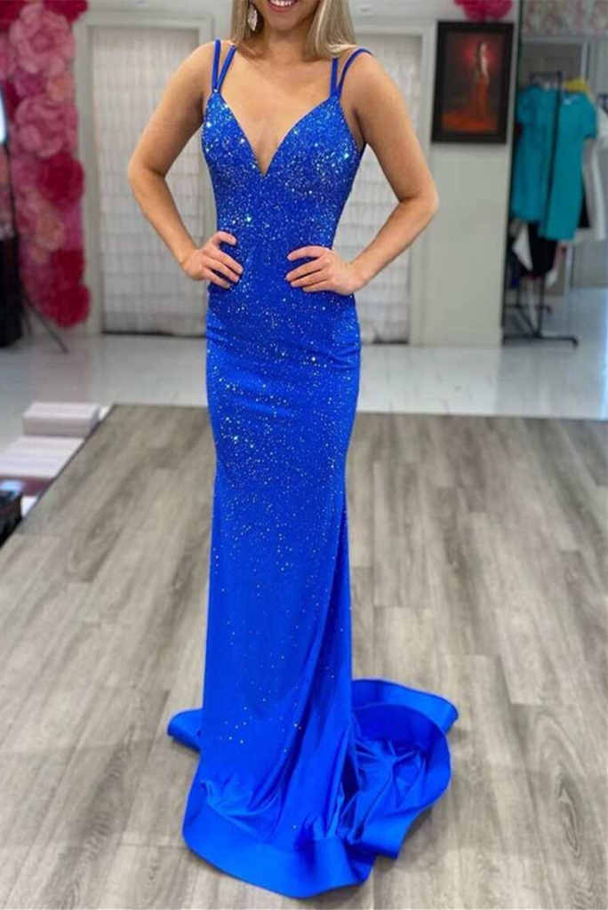 V-Nec Floor Length Elastic Satin Mermaid Prom Dresses Evening Dresses