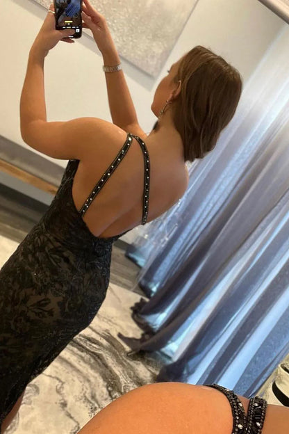 Sexy Black Lace Prom Dresses One Shoulder Mermaid Zipper Up