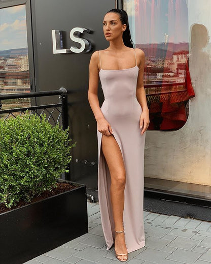 Sheath Sleeveless Spaghetti Straps Square Neck Backless Long Prom Dresses