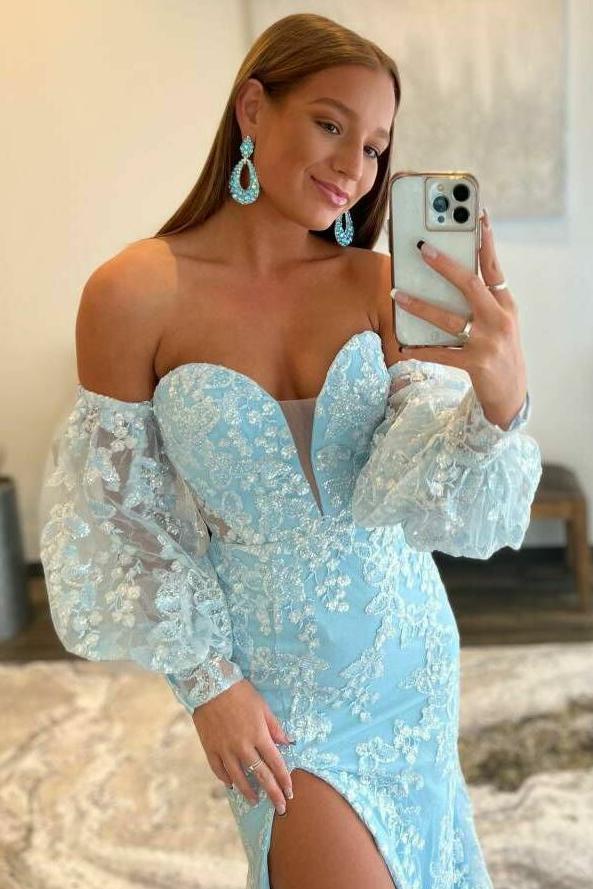 Sexy Light Blue Mermaid Sweetheart Lace Strapless Long Puff Sleeve Prom Dresses