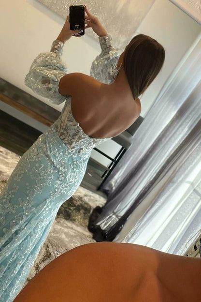 Sexy Light Blue Mermaid Sweetheart Lace Strapless Long Puff Sleeve Prom Dresses