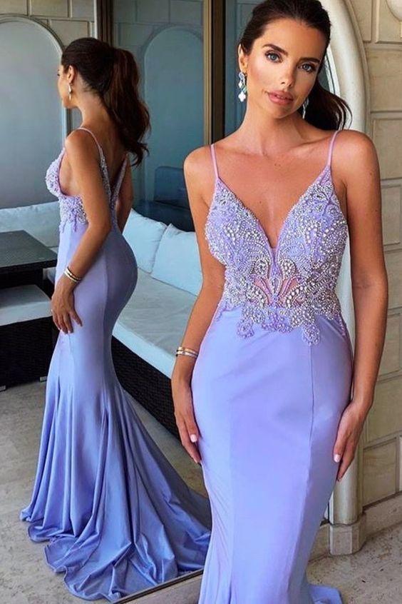 Mermaid Backless Prom Dress V Neck Long Lace Spaghetti Straps Evening Dresses