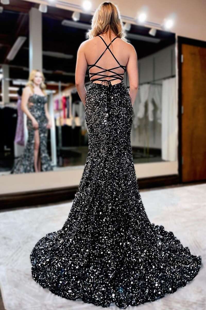 Mermaid Evening Dresses Spaghetti Straps Sequins Black Lace Up Prom Dresses With Waistline And Slit