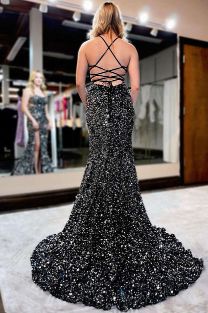 Mermaid Evening Dresses Spaghetti Straps Sequins Black Lace Up Prom Dresses With Waistline And Slit