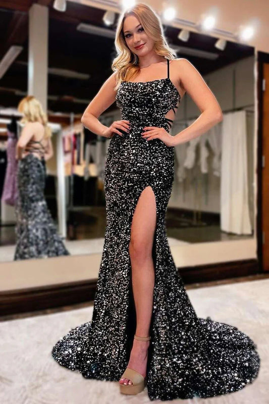 Mermaid Evening Dresses Spaghetti Straps Sequins Black Lace Up Prom Dresses With Waistline And Slit