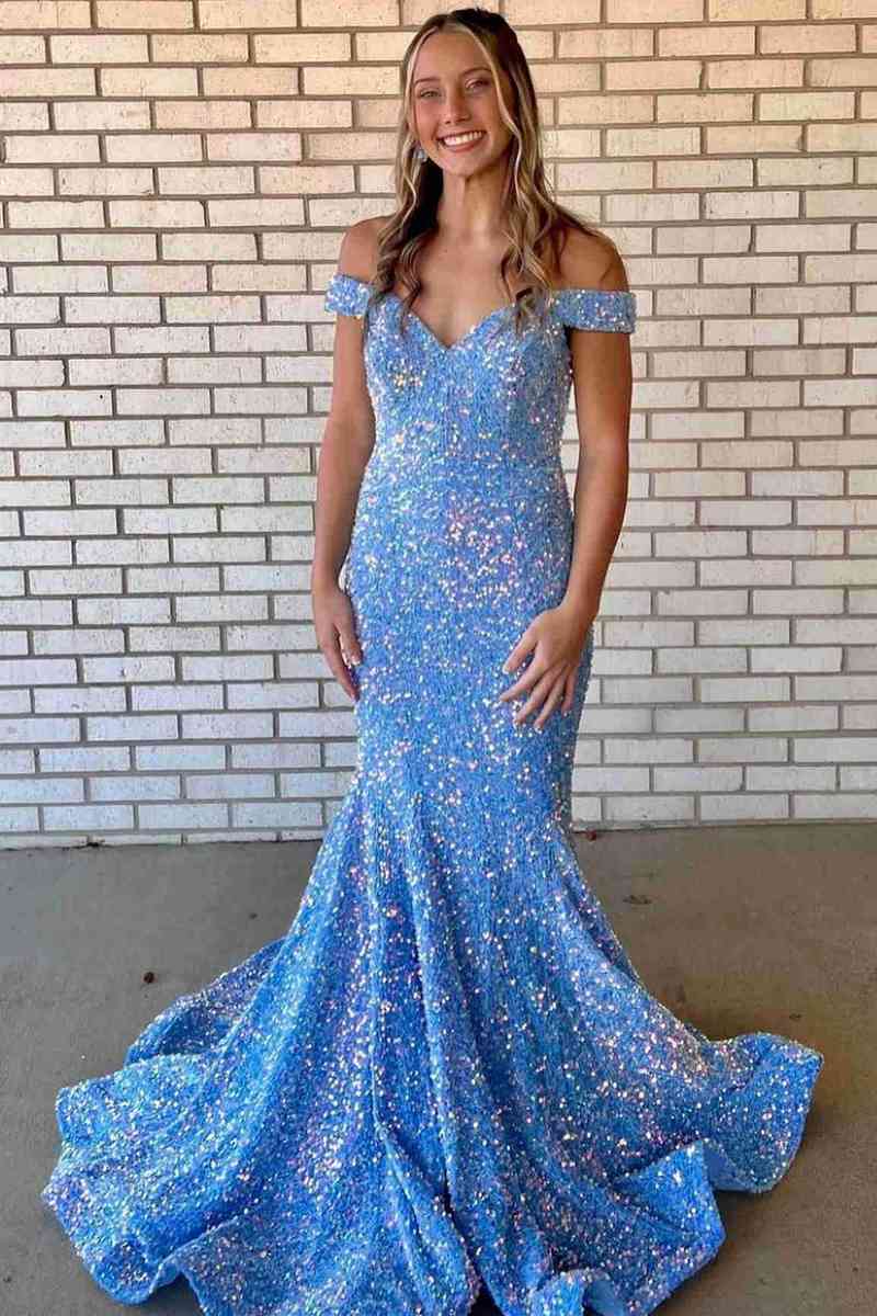 Mermaid Off The Shoulder Sequins Long Prom Dresses