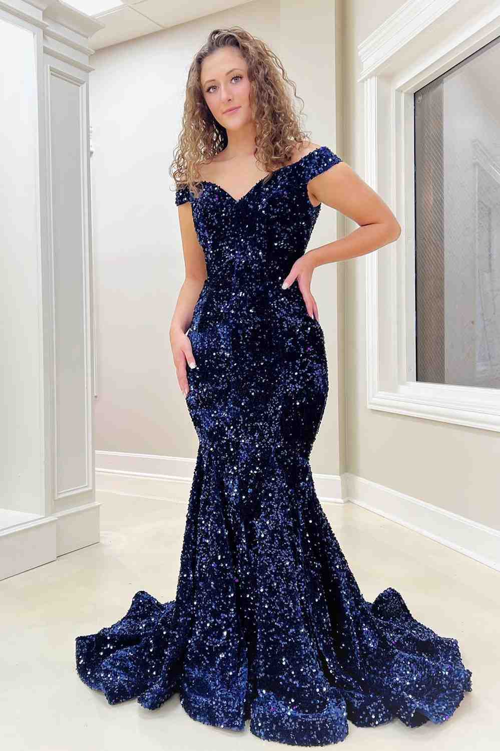 Mermaid Off The Shoulder Sequins Long Prom Dresses